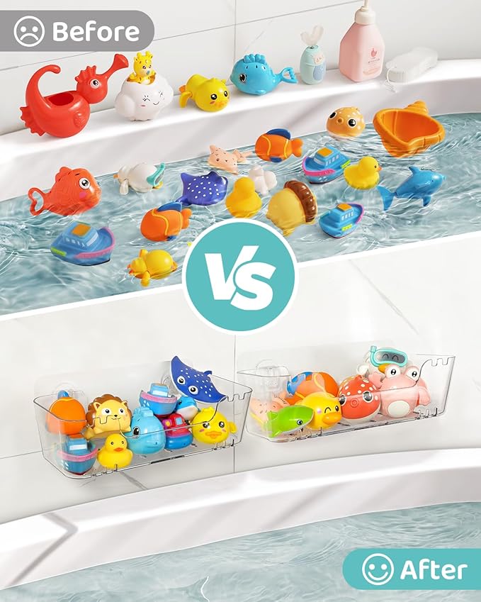 Bath Toy Storage Organizer 4 Pack, Transparent Bath Toy Holder with Drain Holes, Durable Plastic Bathtub Toy Storage for Bathroom, Quick-Dry Drainable Shower Caddy, Easy to Clean (Plastic 4 Pack)