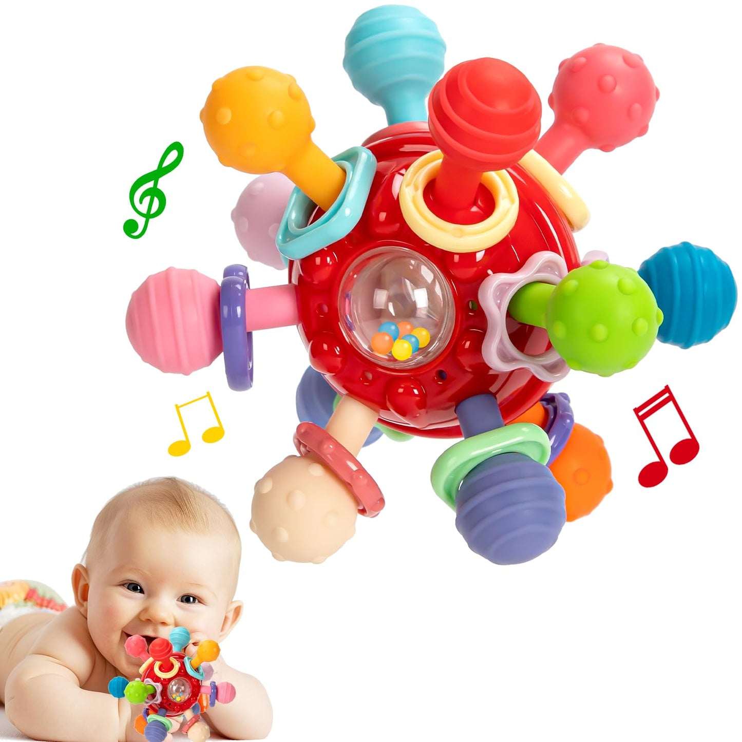 Baby Teething Toys, Baby Teethers Montessori Sensory Toys for 0-6 6-12 Months, Gifts for 1 Year Old Boys Girls Infant Newborn 0 3 6 9 12 18 Months Toys- Red
