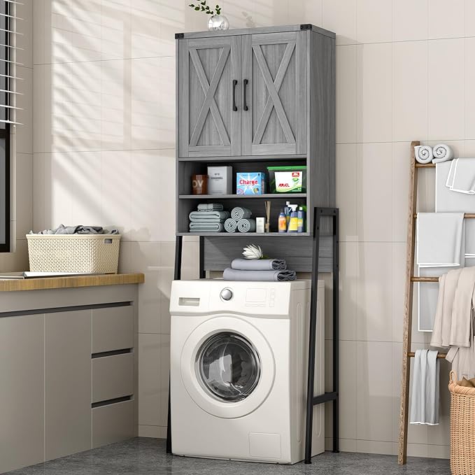 Vabches Over The Toilet Storage Cabinet, Farmhouse Over Toilet Storage Cabinet, Metal Frame with 2 Barn Doors, Home Space-Saving Toilet Rack for Bathroom, Toilet, Laundry Room.