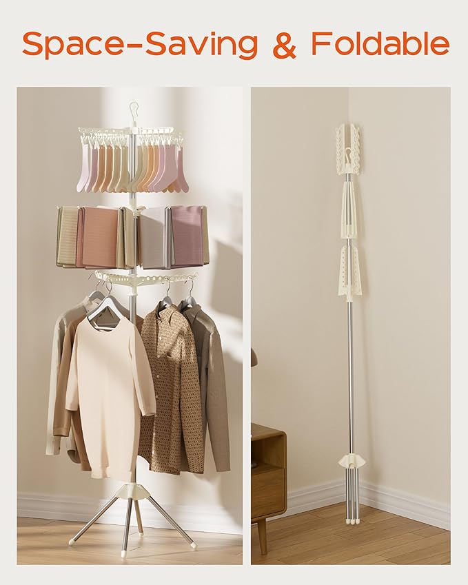 Clothes Drying Rack Foldable, 79.5 inch 3 Tier Laundry Drying Rack with Rotating Clothes Rail for 27 Pieces of Clothes and 24 Clips for Hanging Socks,Space Saving, White and Silver CDR003W01