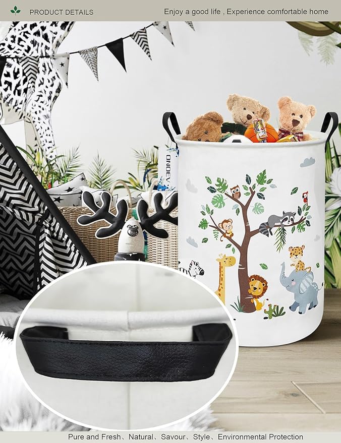 Round waterproof laundry basket,foldable storage basket,laundry Hampers with handle,gift basket,suitable for children's room and toy storage (Tree Animals)