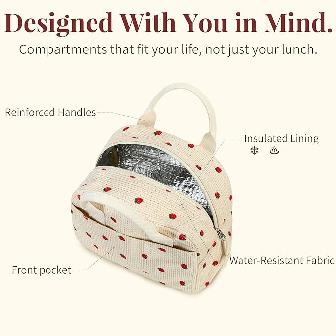 Insulated Pink Lunch Bag for Women, Stylish Corduroy Tote with Aluminum Lining, Large Capacity Reusable Cooler for Work, Travel, Beach or Picnic, Pink Floral Water-Resistant Lunch Box