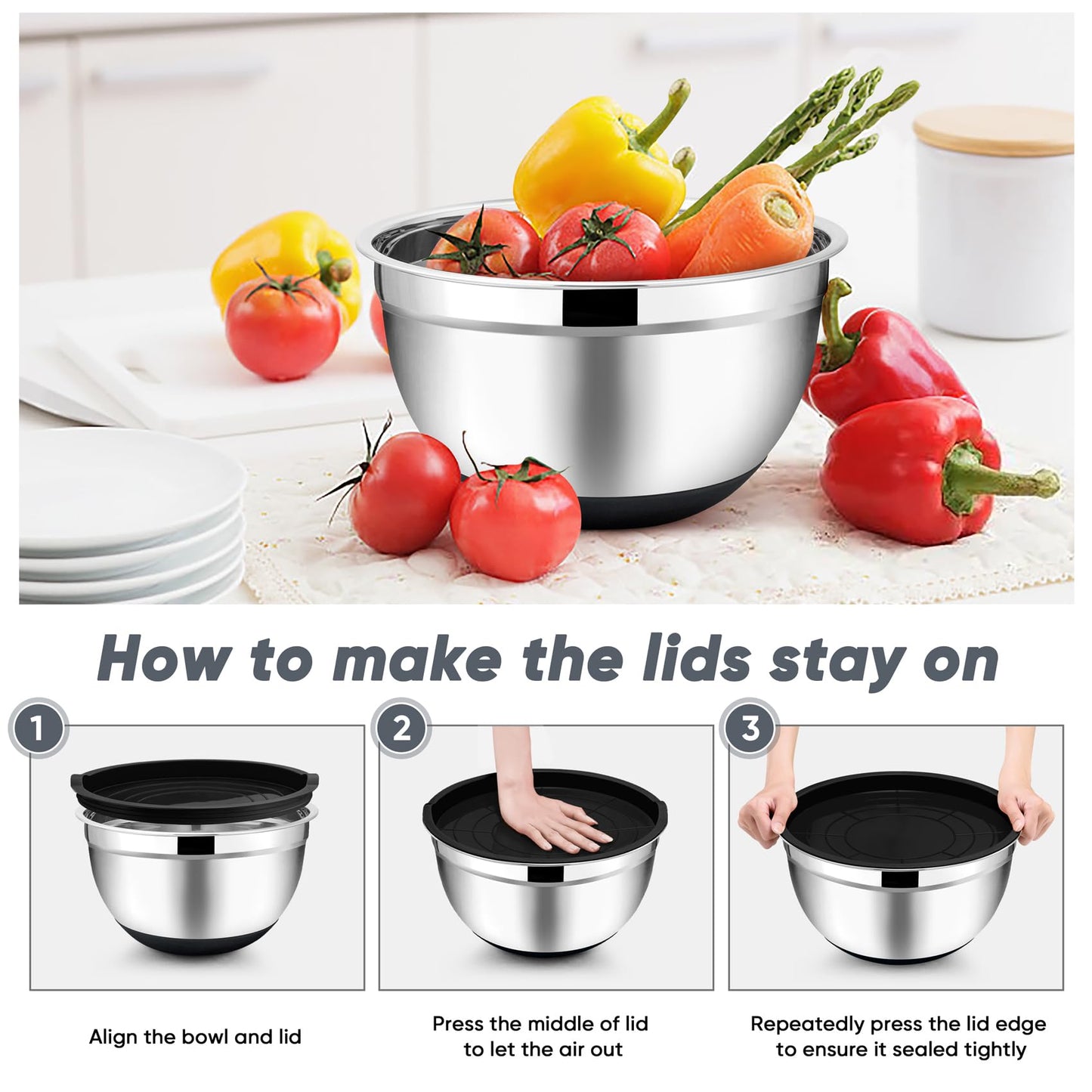 TeamFar Mixing Bowls, Salad Bowls with Airtight Lids, Black