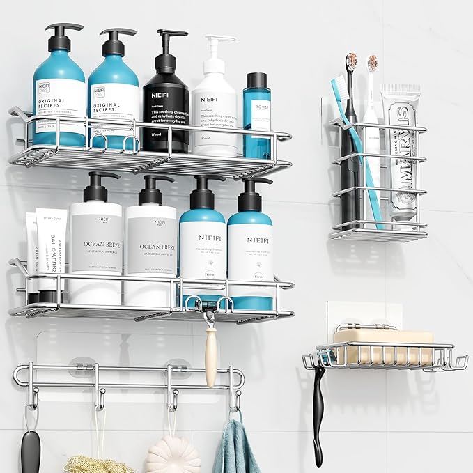 Nieifi Shower Caddy Shelf with Hooks Storage Rack Organizer Adhesive Stainless Steel without Drilling for Bathroom, Lavatory, Washroom, Restroom, Shower, Toilet, Kitchen (Sliver, 5 Pack)