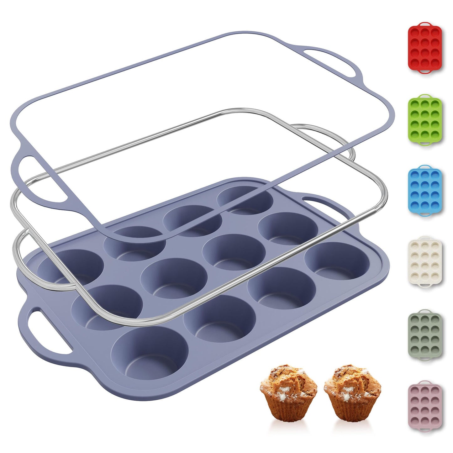 2 Packs 12 Cups Silicone Muffin Pan for Baking with Metal Reinforced Frame Regular Size Cupcake Pan Tray Chocolate Egg Pizza Bites Oven Top Cookie Molds Muffin Tin Tart Pans Sheet Set Bakeware Liner