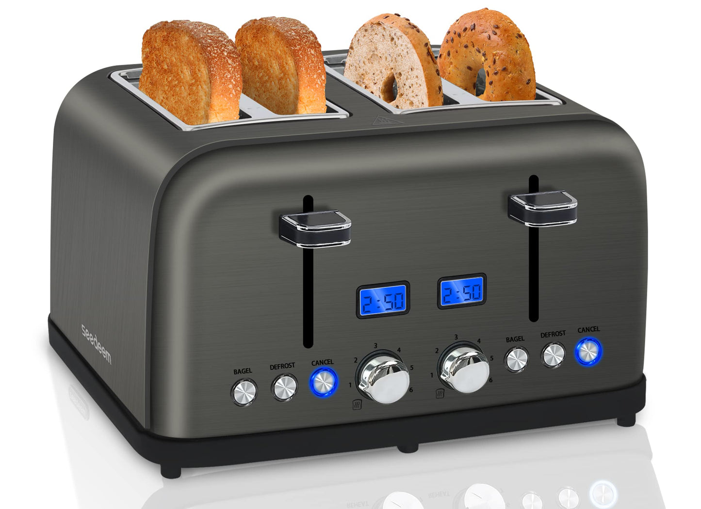 SEEDEEM Toaster 2 Slice, LCD Display, 7 Shade Settings, 1.4'' Wide Slots, Stainless Steel Digital Toaster for Bagel, Defrost, Reheat, Removable Crumb Tray, 900W, Grey