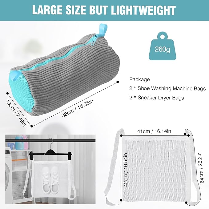 Shoe Washing Machine Bag, Shoe Laundry Bag for Washer and Dryer, Include Dry Net Bag, Reusable and Durable Zipper with Hook Design, Shoe Washing Bag for Sneaker (Gray, 1 Pack)
