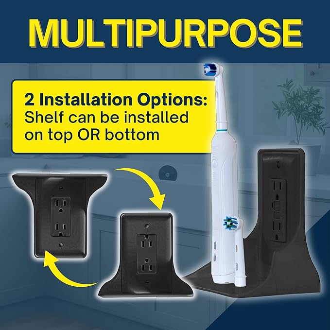 BeraTek Power Perch Wall Outlet Shelf | Declutter & Reclaim Counter Space | Bedroom & Bathroom Organizing Shelves | Alexa Echo Dot Holder, Router Shelf, Holds Electric Toothbrush | Black, 2-Pack