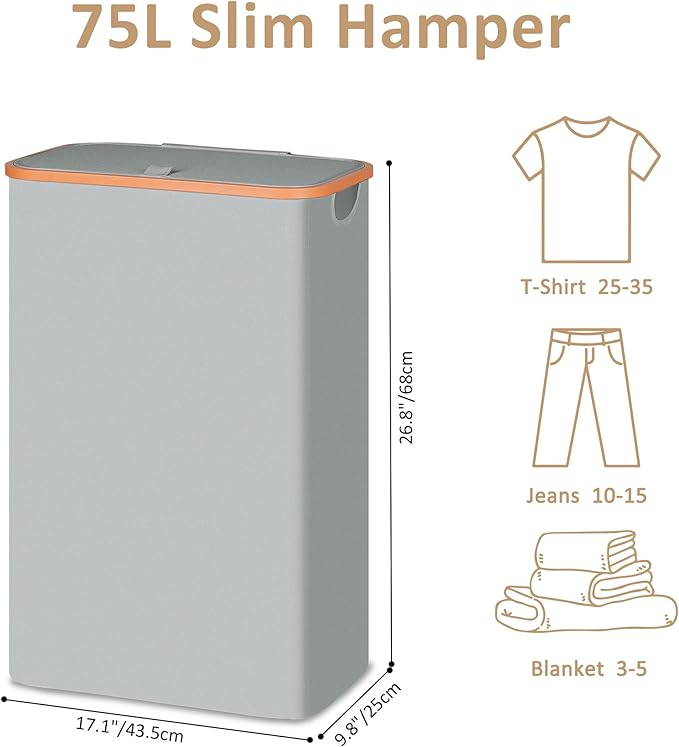 Slim Laundry Basket with Lid, Narrow Dirty Clothes Hampers for Laundry with Handle, Skinny Laundry Bin for Laundry Room, Dorm, Bedroom and Bathroom, 19.8 Gallon (75L) Silver Grey