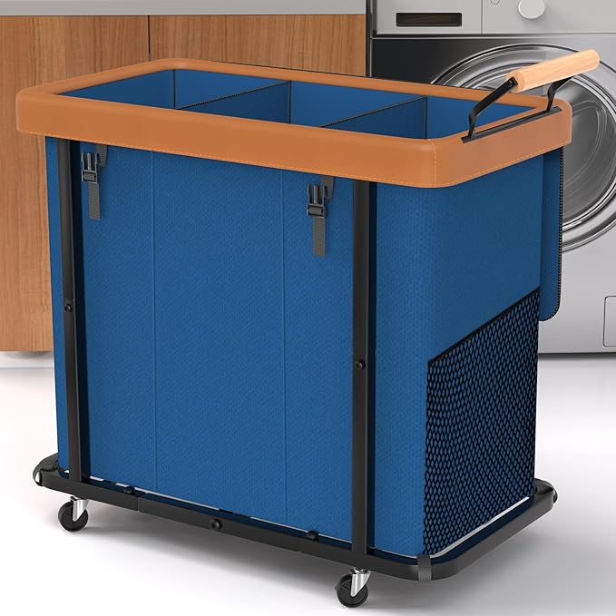 230L (60 Gal) Extra Large Fashion Laundry Sorter 3 Section with Lid, Rolling Laundry Basket Hamper with Handle, Laundry Organizer Storage Cart with Sturdy Metal Frame for Laundry Room, Dark Blue