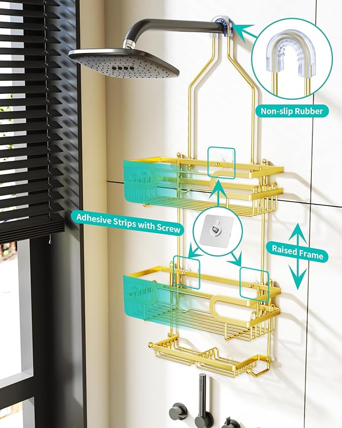 HapiRm Shower Caddy over Shower Head with 2 Soap Holders, Rustproof & Waterproof Hanging Bathroom Organizer with 12 Hooks, No Drilling Hanging Bathroom Caddy - Gold