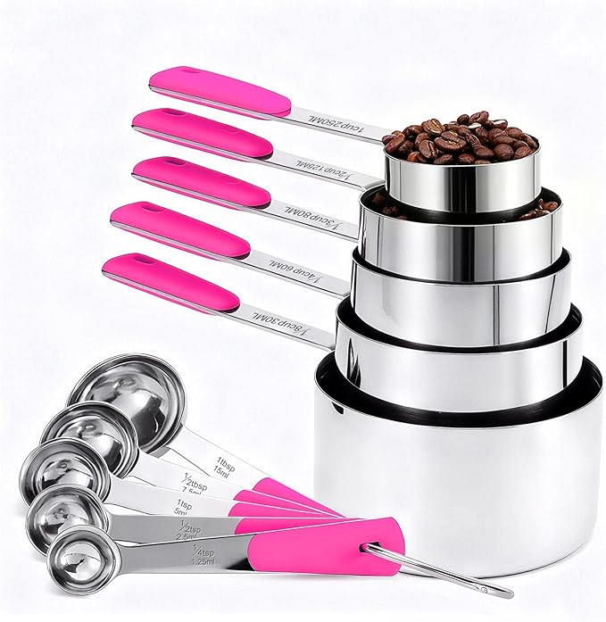 Bopei Measuring Cups and Spoons Set Stainless Steel 10 Piece for Cooking and Baking (5 Cups + 5 Spoons, Colorful Handles)
