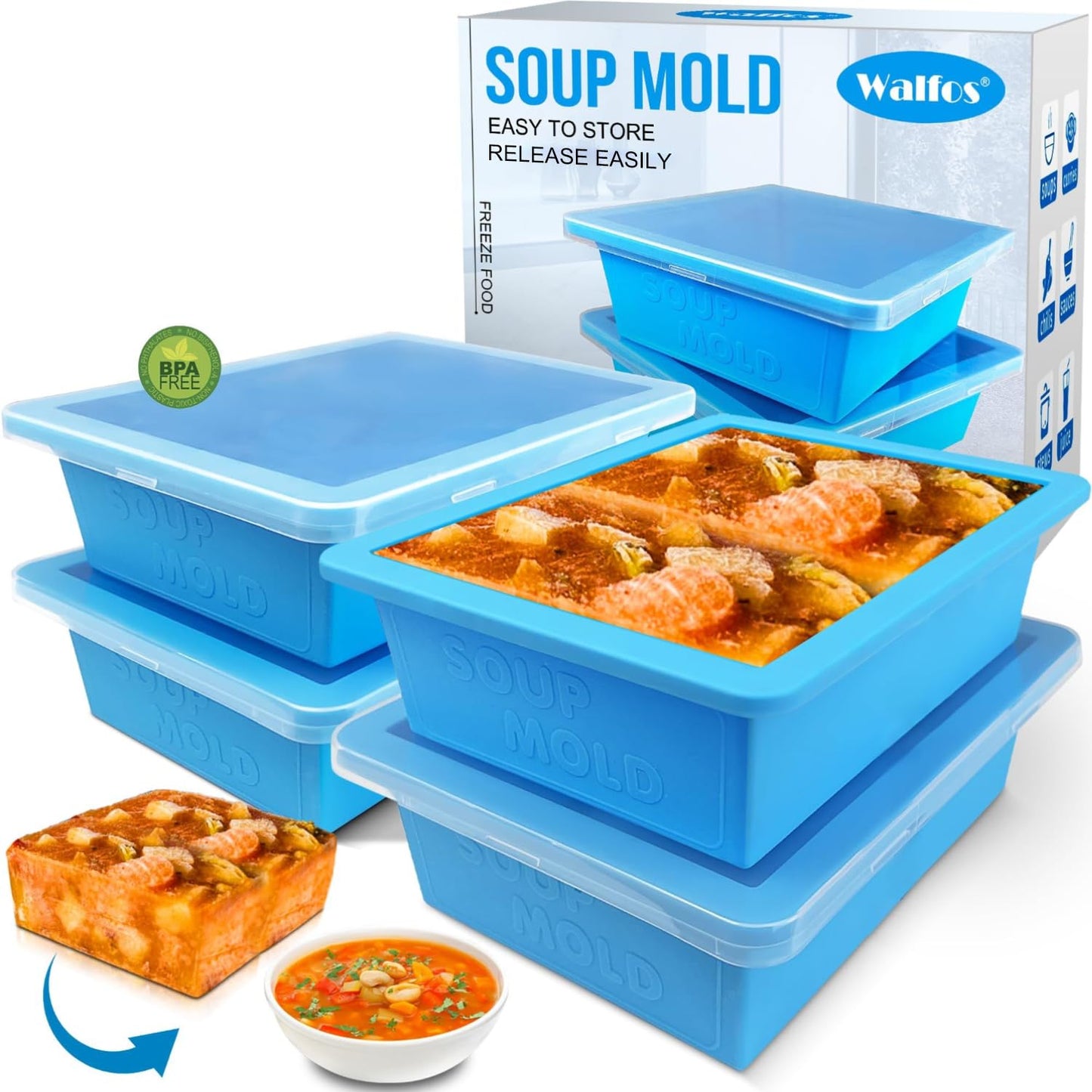 Walfos Silicone Soup Freezer Container, 1-Cup Soup Freezer Cube Tray with Lid Prevents Freezer Odo, 3 Pcs Soup Freezer Molds, Perfect For Storing and Freezing Soup, Broth, Sauce