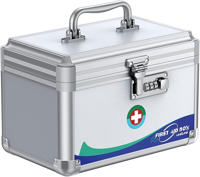 Uniclife Medicine Lock Box First Aid Box with Combination Lock & Handle Portable Medication Metal Lockable Medicine Storage Box Security Lock Box for Medications, 10" x 6" x 6.5"