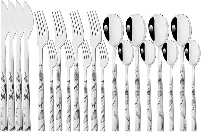 Snplowum 20 Piece (4 Set) Silver Stainless Steel Tableware With Wooden Handle, Wedding Cutlery And Daily Use, Silverware For Home Restaurant Party, Mirror Finished