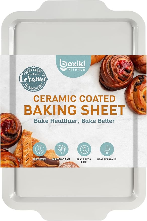 Boxiki Kitchen Nonstick Ceramic Baking Sheet/Cookie Sheet - Set of 2, Durable and Easy to Clean Baking Pans for Kitchen - Dishwasher and Freezer Safe, PFAS-Free (Half Sheet Pan)