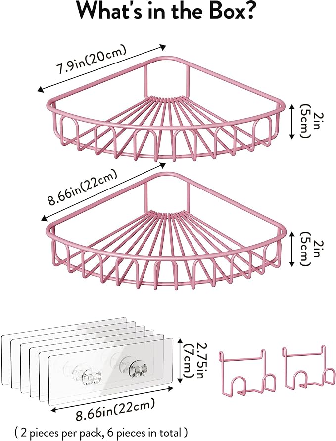 Orimade Corner Shower Caddy with 2 Hooks Wall Mounted Metal Bathroom Shelf Storage Organizer Adhesive No Drilling 2 Pack, Pink Only for 90-Degree Corner