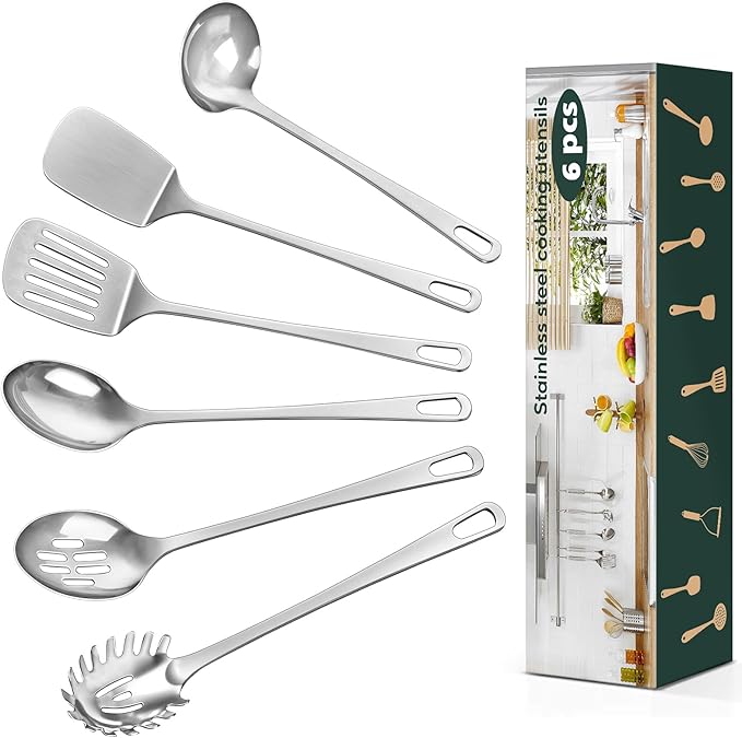 4 Pcs Cooking Utensils Set, Stainless Steel Kitchen Utensils, Heat Resistant Metal Kitchen Tools Include Solid & Slotted Turner Wok Spatula, Serving Spoon, Ergonomic Handle, Easy to Clean, Silver