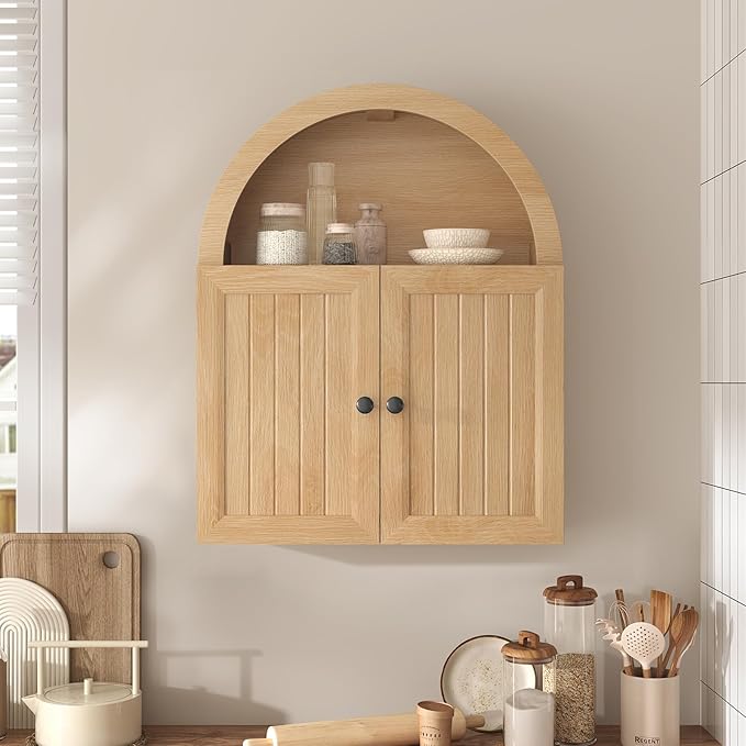 Arched Bathroom Wall Cabinet, 23.6 x 30.3'' Over The Toilet Cabinet with Grille Door, Adjustable Shelf, Wall Mounted Cabinets for Bathroom Laundry Room Kitchen (Oak, 30IN)