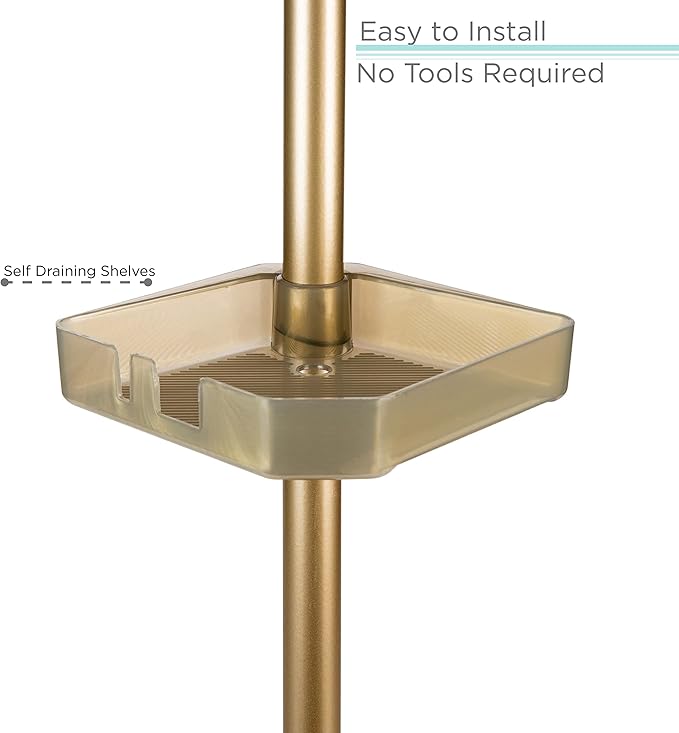 Bath Bliss 4 Tier Tensions Corner Shower Caddy | Shelves | Adjustable 48“-101” | Bathroom Organizer | Bathtub and Shower Stall | Holds Large Bottles | Soap | Shampoo | Washcloths | Gold