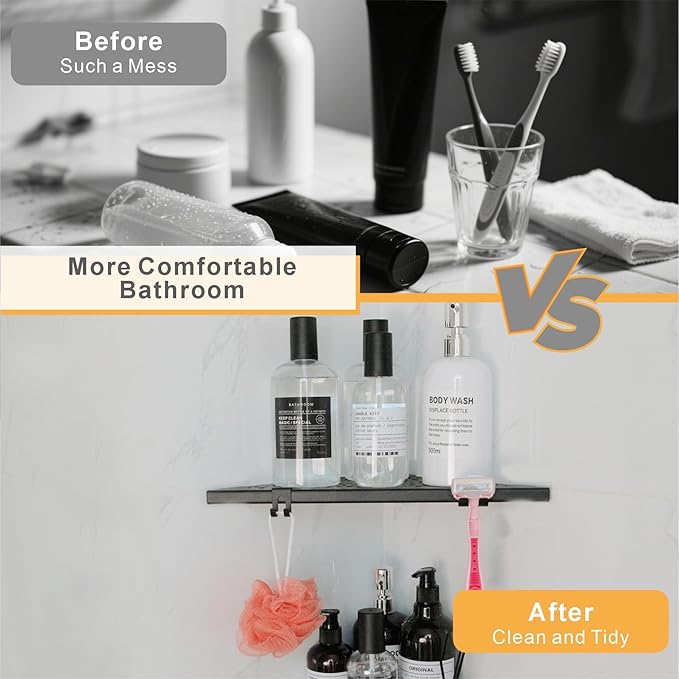 Corner Shower Shelf with 4 Hooks,10 Inch 304 Stainless Steel Recessed Bathroom Shelves,No-Drilling Installation for Tiled Wall,Matte Black, 2-Pack