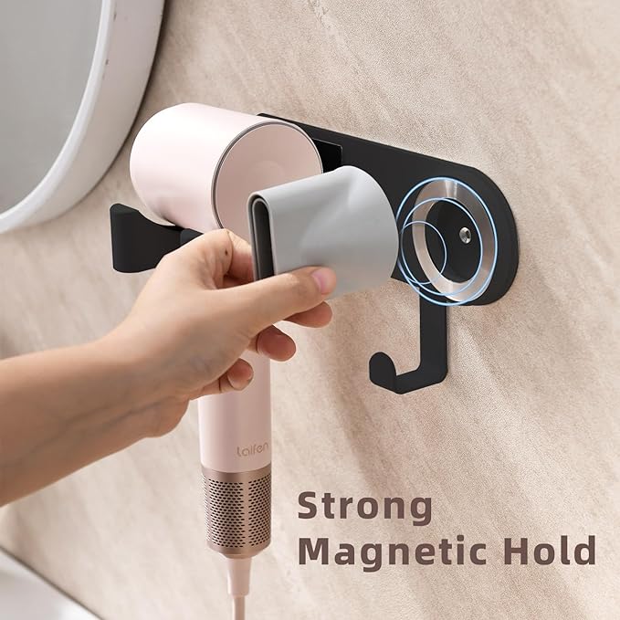 Hair Dryer Holder Wall Mounted, Hair Dryer Organizer Self Adhesive Compatible with Dyson Blow Dryer Holder Aluminum BlowDryer Holder Wall Mounted for Bathroom Black