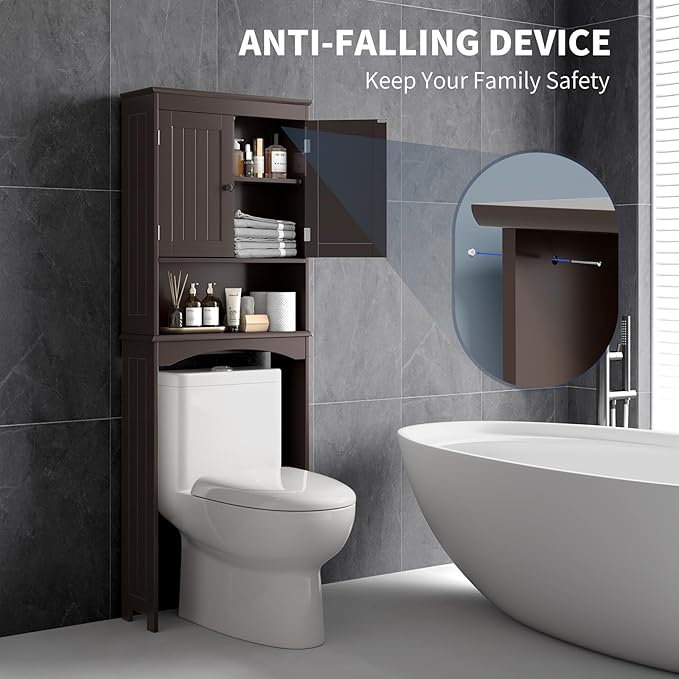 Bealife Over The Toilet Storage Cabinet with Open Shelf, Over Toilet Bathroom Organizer with Adjustable Shelf and Double Doors, Over The Toilet Storage Shelf Free Standing for Bathroom - Espresso