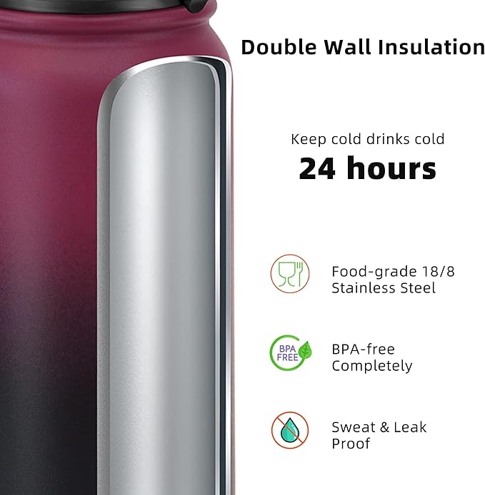 Fanhaw 20 oz Insulated Stainless Steel Water Bottle with Anti-Dust Chug Lid & Carabiner Lid, Leakproof Vacuum Metal Bottle for Kids, Women & Men (Red Black)
