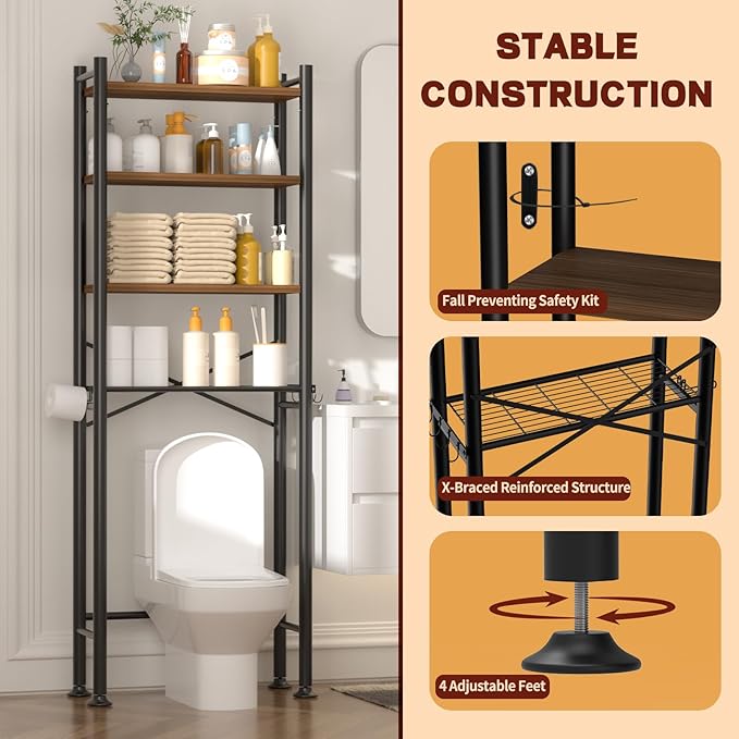 4-Tier Over-The-Toilet Storage Rack, Bathroom Organizer Shelf Over Toilet with Adjustable Shelf, Freestanding Space Saver Bathroom Shelves Above Toilet for Room (Black-Round)