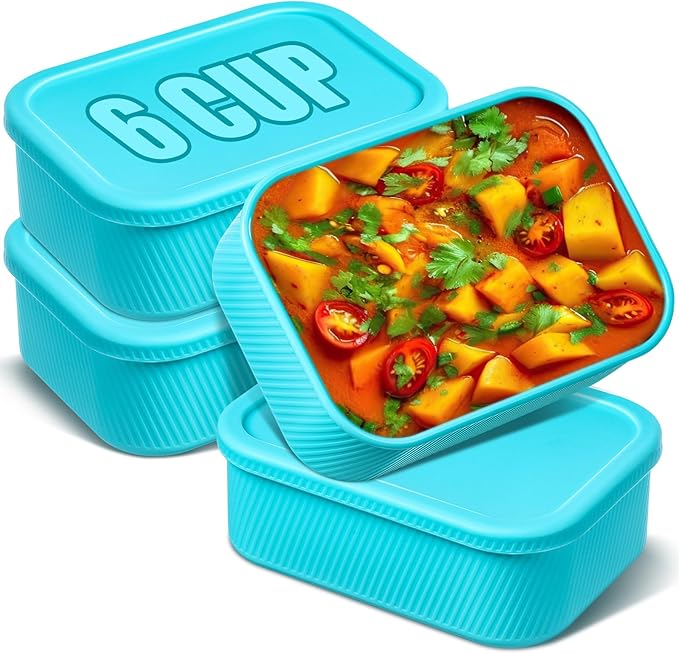 Nuogo 4 Pcs 3.5 Cup Silicone Freezer Trays with Lid Soup Containers, Blue