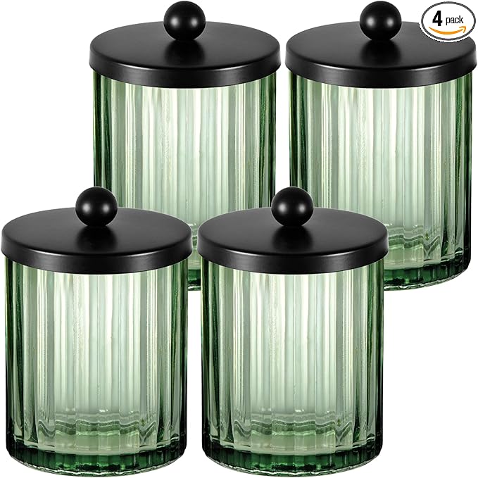 Amolliar Sage Green Glass Apothecary Jar, Qtip Holder Dispenser for Cotton Swabs, Balls, Makeup Pads, Floss Picks, Bathroom Essential Accessories, Countertop Canister Storage Organizer (Black, 4 Pack)