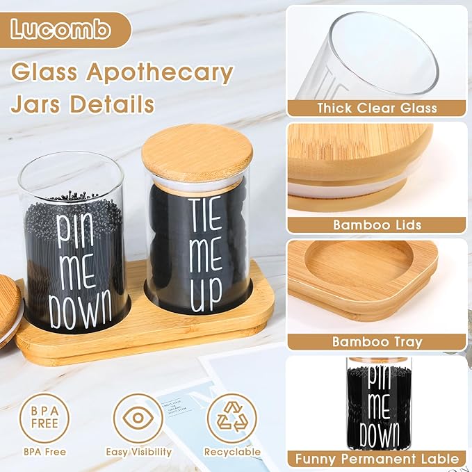 Funny Apothecary Jars 2 Pack Hair Tie Holder Organizers Bathroom Canisters with Tray Bobby Pin Holder Bathroom Jars Accessories Set with Lids for Bathroom décor Farmhouse Bathroom Storage Organization