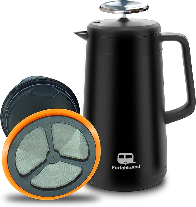 PortableAnd 34oz Double Vacuum Insulation Large Silicone French Press Coffee Maker, Metal Stainless Steel, Matte Black, Perfect for Camping, Travel, and At-Home Use (Light Gold)