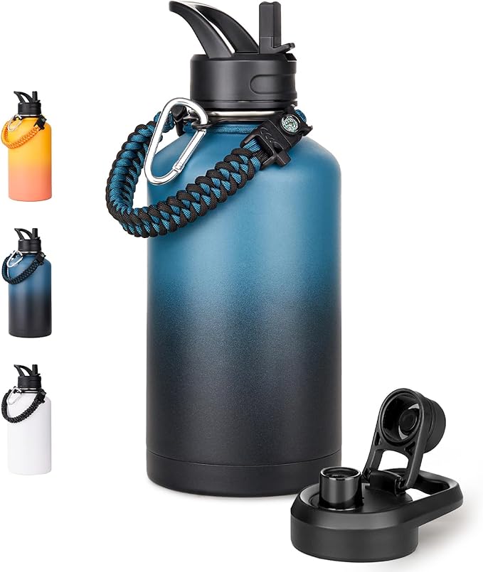 Half Gallon Water Bottle with 2 Lids (Straw & Spout), 304 Stainless Steel Sports Insulated Bottle with Handle, 64 oz Vacuum Double Walled Water Jug with Wide Mouth, BPA Free, Blue&Black