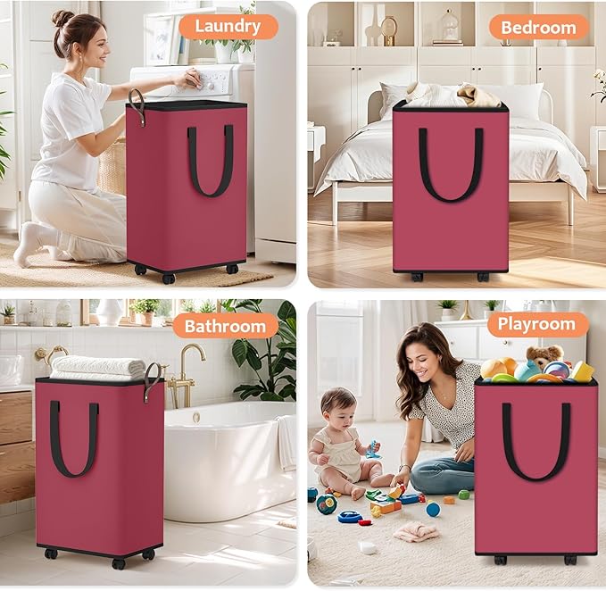 Laundry Basket with Wheels, Collapsible Laundry Baskets, Laundry Hamper with Handles Detachable Wheels, Rolling Laundry Basket, Dirty Clothes Hamper for Bathroom, Dorm, Bedroom, Red, 100L