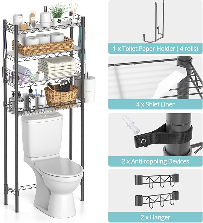 4-Tier Over The Toilet Storage, Adjustable Over Toilet Bathroom Organizer Rack, Freestanding Bathroom Shelves Above Toilet Storage, Sturdy Bathroom Space Saver with Basket and Shelves, Gray