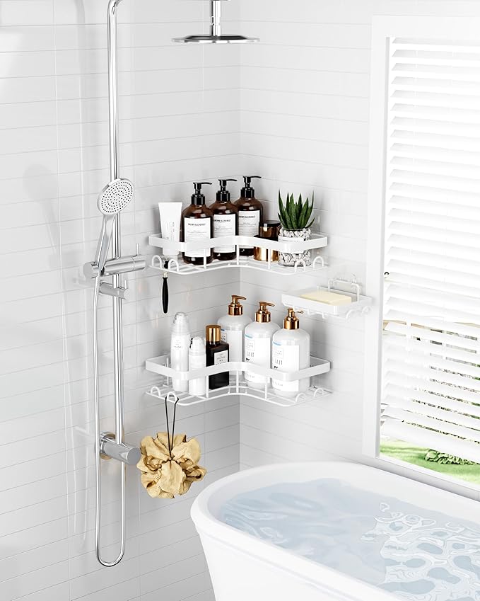 Corner Shower Caddy - 3-Pack Shower Organizer with Soap Holder & Built-In Hooks, Rustproof Metal Shower Shelves, Laundry, Kitchen, Bathroom Organizers and Storage Solution, Large, White