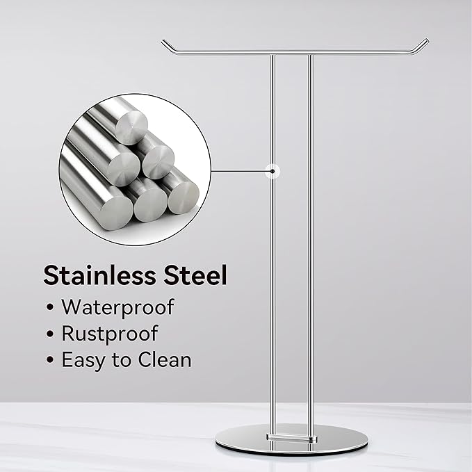 T-Shaped Hand Towel Holder Stand – Countertop Stainless Steel Towel Rack with Non-Slip Base for Bathroom, Kitchen, Vanity, Silver