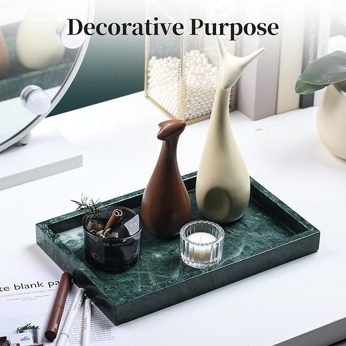 Real Natural Marble Tray for Bathroom, Genuine Marble Stone Vanity Tray, Luxury Storage Trays for Kitchen, Vanity, Home Decor, Dresser, Non-Resin/Non-Ceramic, 12"x 8"x 1.2", Dark Green