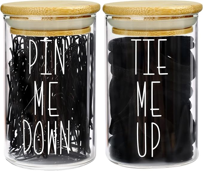 MOMEEMO Apothecary Jars with Lids for Bathroom Storage Organizer, Hair Tie Organizer & Bobby Pin Holder are Great for Bamboo Bathroom Accessories. (Hair Ties & Pins)