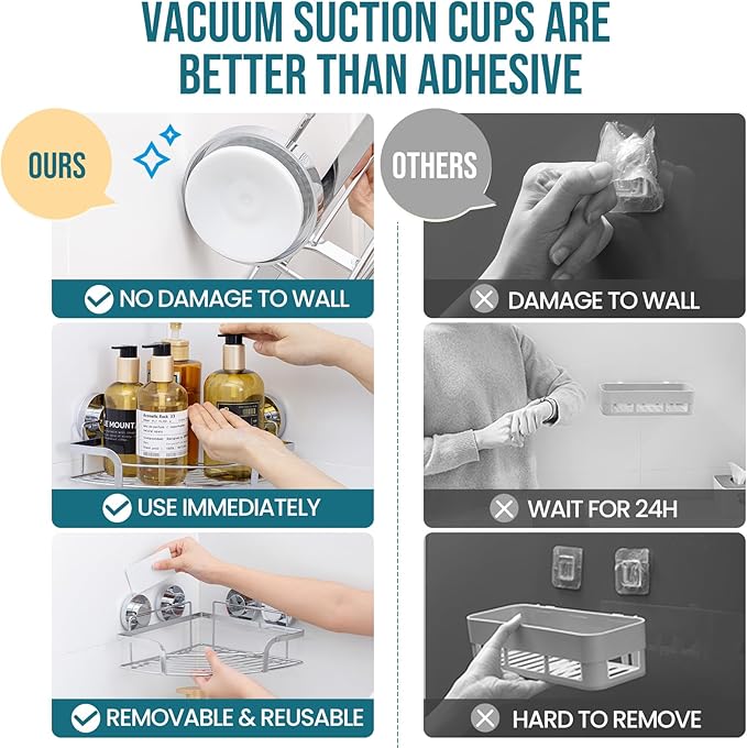 TAILI 2 Pack Powerful Suction Cup Corner Shower Caddy, Stainless Steel Rustproof Shower Shelf with Hook, Drill-Free Wall Mounted Basket, Large Capacity Removable Suction Cup Bathroom Organizer, Silver
