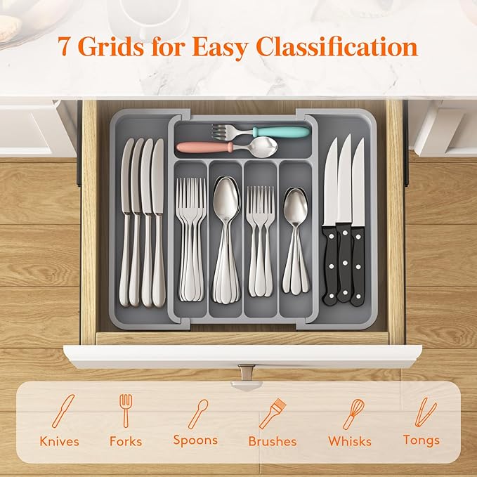 Lifewit Silverware Drawer Organizer, Expandable Utensil Tray for Kitchen, BPA Free Flatware and Cutlery Holder, Adjustable Plastic Storage for Spoons Forks Knives, 8.9-14.7 x 12.2", Gray