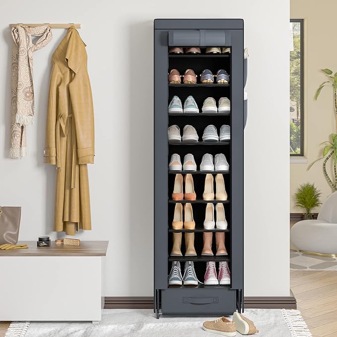 OYREL Shoes Rack 10 Tier Tall Narrow Shoe Rack with Bin Covered Shoe Shelf Storage Organizer Closet Stackable Shoe Stand