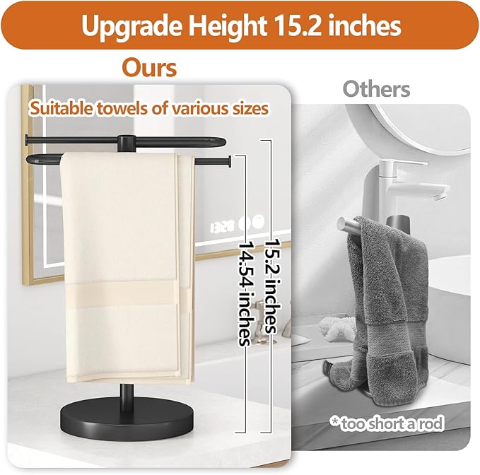 Hand Towel Stand, Stainless Steel Towel Holder for Bathroom Countertop, 15.2 Inch S-Shape Weighted Base Standing Hand Towel Rack Bar Holds 2 Towels for Kitchen Vanity, Black