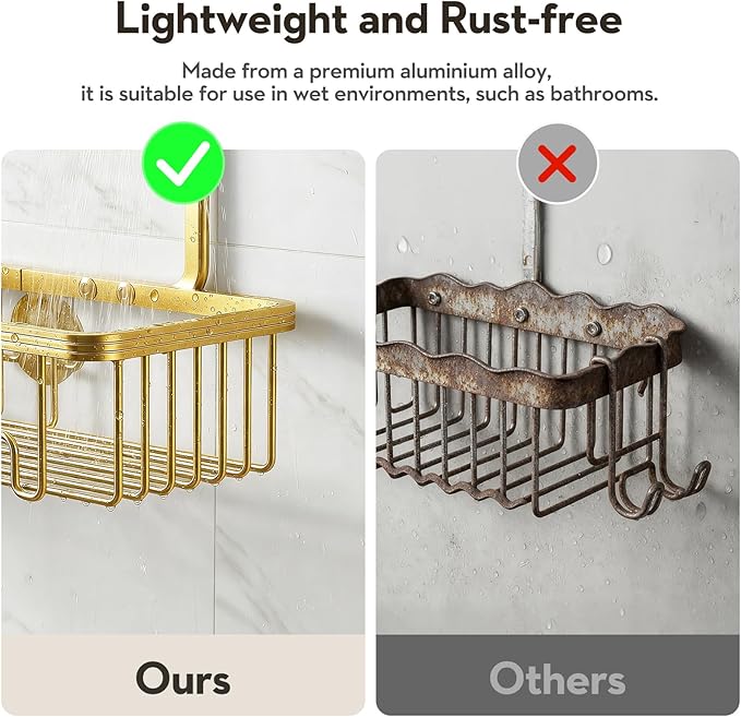 Shower Caddy Hanging, Shower Organizer Hanging, Aluminum Shower Racks for Inside Shower with Hooks for Razor, Never Rust Bathroom Organizers and Storage with Soap Holder, Gold