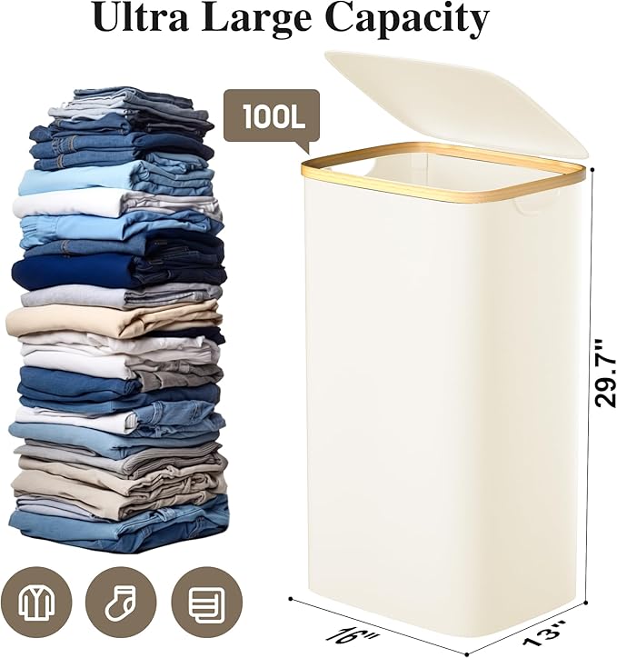 Large Laundry Hamper, 100L Waterproof Laundry Basket with Lid and Removable Bag, Collapsible Tall Clothes Hamper with Bamboo Handles for Clothes Toys in Dorm Bedroom Bathroom, Beige