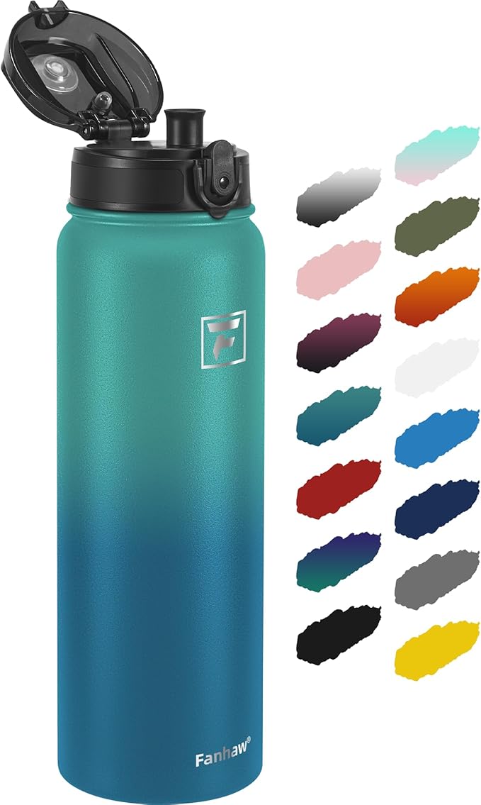 Fanhaw 32 oz Insulated Stainless Steel Water Bottle with Anti-Dust Chug Lid, Leakproof Vacuum Sports Bottle for Men & Women (Green Blue)