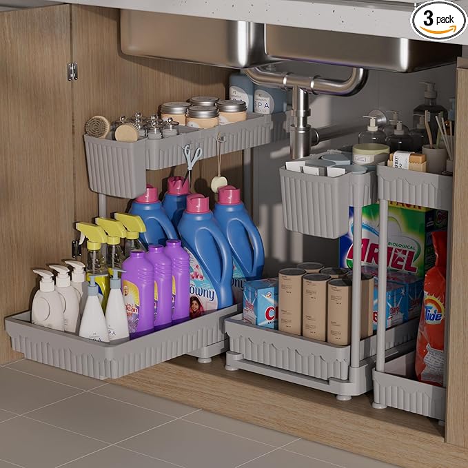 3 Pack Multi-Purpose Under Sink Organizers and Storage, 2026 L-Shaped Pull Out Cabinet Organizer for Bathroom & Kitchen, Under Cabinet Organizer with Hooks Hanging Cup, Grey, 14.85 inch