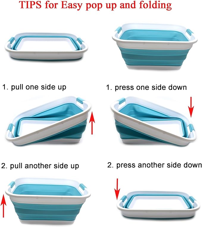 SAMMART 41L (10.8 gallon) Collapsible Plastic Laundry Basket-Foldable Pop Up Storage Container/Organizer-Portable Washing Tub-Space Saving, Water capacity: 32L (8.4 gallon) (Rectangular, Bright Blue)