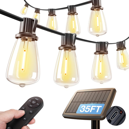 addlon 35FT Solar String Lights Outdoor, Waterproof Solar Powered with Remote & USB Port, 10+1 LED Shatterproof Bulbs, Dimmable Solar Light Outdoor for Camping Backyard Bistro Porch